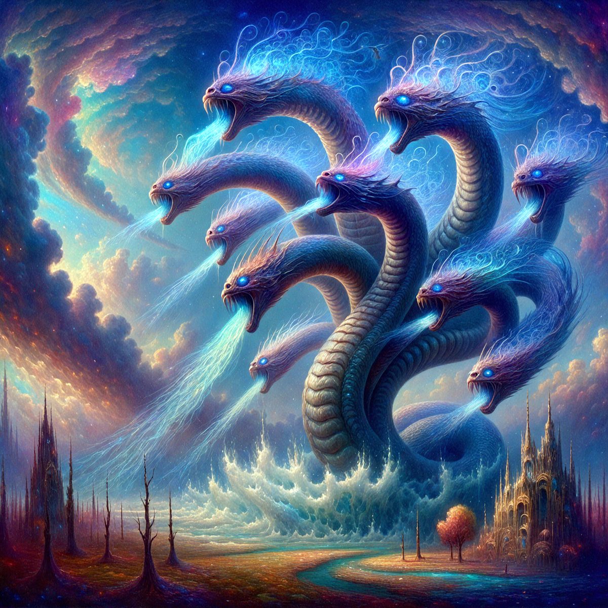 The primary subject of the image is a large, serpentine dragon with multiple heads and long, curling tails. The dragon is surrounded by a vibrant, colorful landscape that includes a castle, a tree, and a body of water. The setting appears to be a fantasy world, with the dragon as the central focus. The visual style of the image is a digital art or illustration, featuring intricate details and a rich, imaginative color palette. The overall atmosphere of the image is one of wonder, magic, and adventure.
